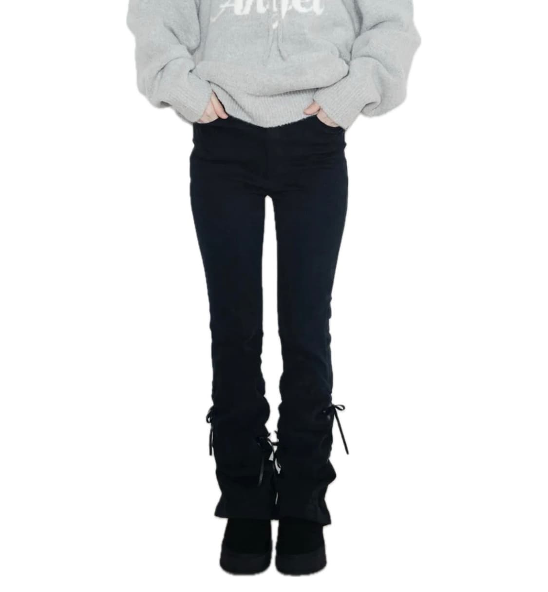 하이스쿨디스코 리본 셔링 부츠컷 피치 코튼 팬츠 상품이미지1