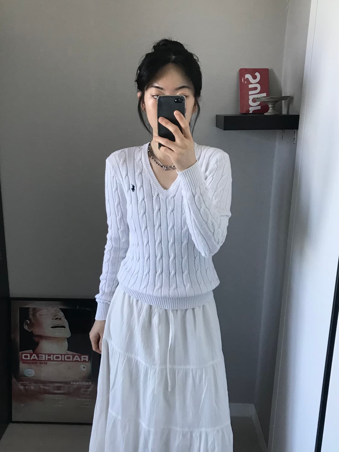 폴로 랄프로렌 포니 로고 화이트 브이넥 케이블 니트 상품이미지1