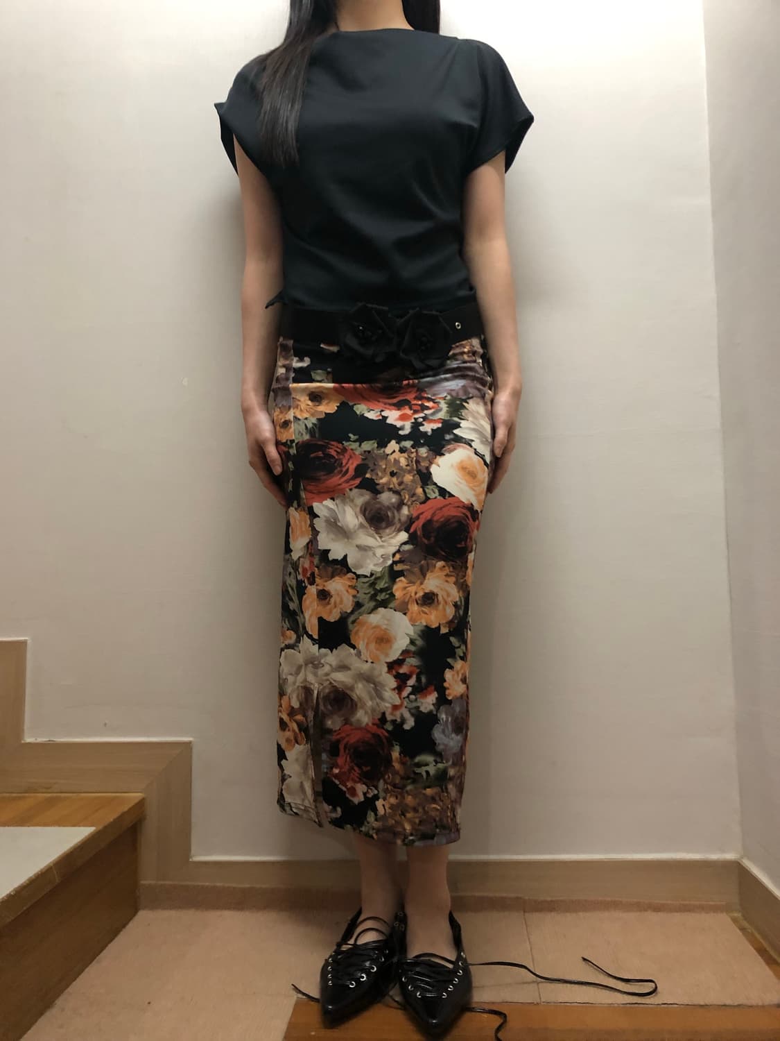 빈티지 블랙 오리엔탈 플라워 롱 스커트 상품이미지2