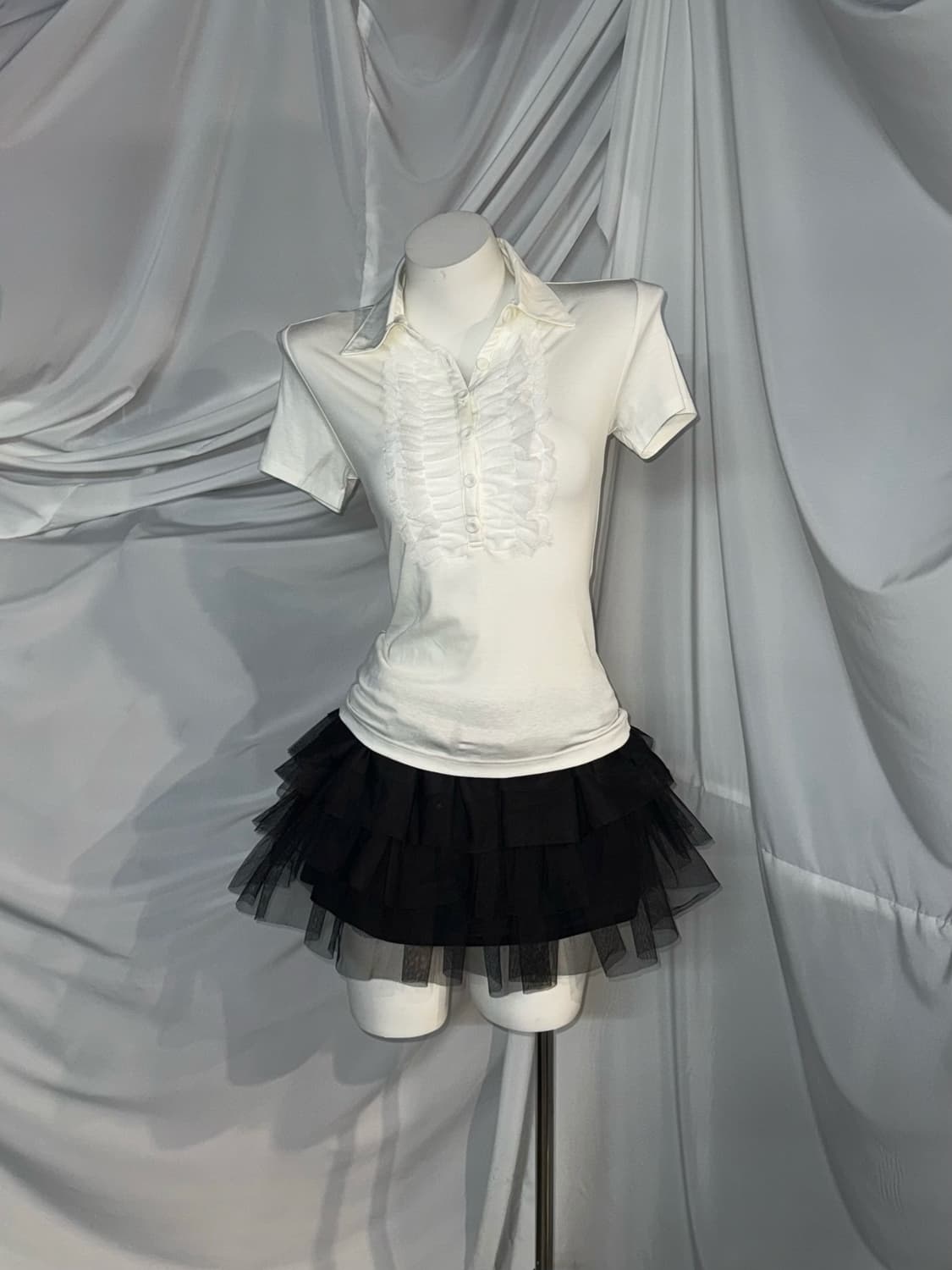 무채색 세라깔 코르셋 화이트 프릴 시스루 코디세트  상품이미지3