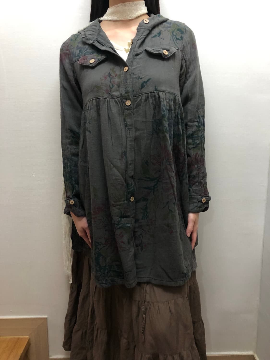 빈티지 딥그레이 플라워 후디 셔츠 상품이미지4