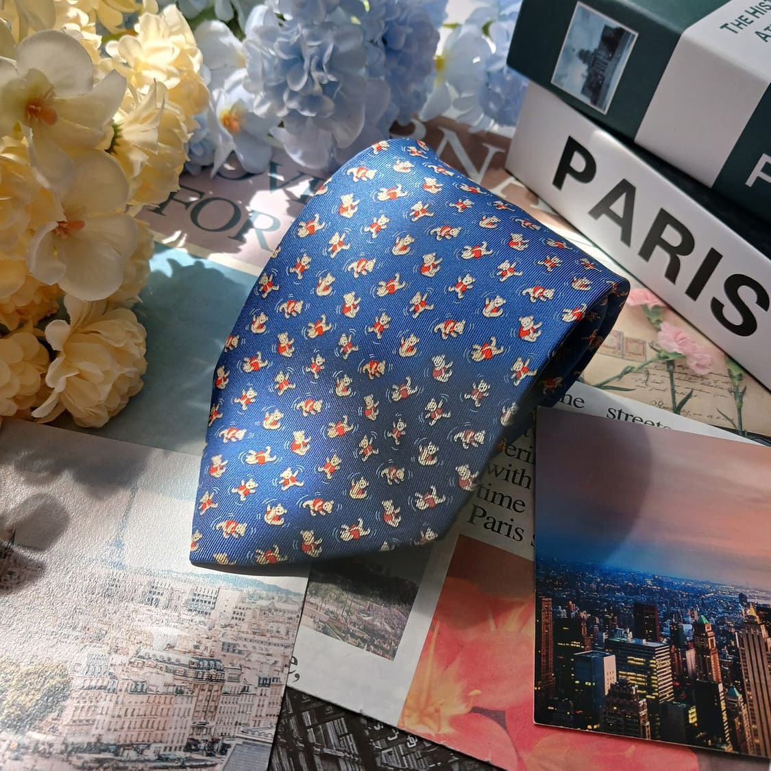 살바토레 페라가모 실크 블루 곰돌이 모티브 넥타이 9cm A등급 E959 상품이미지3