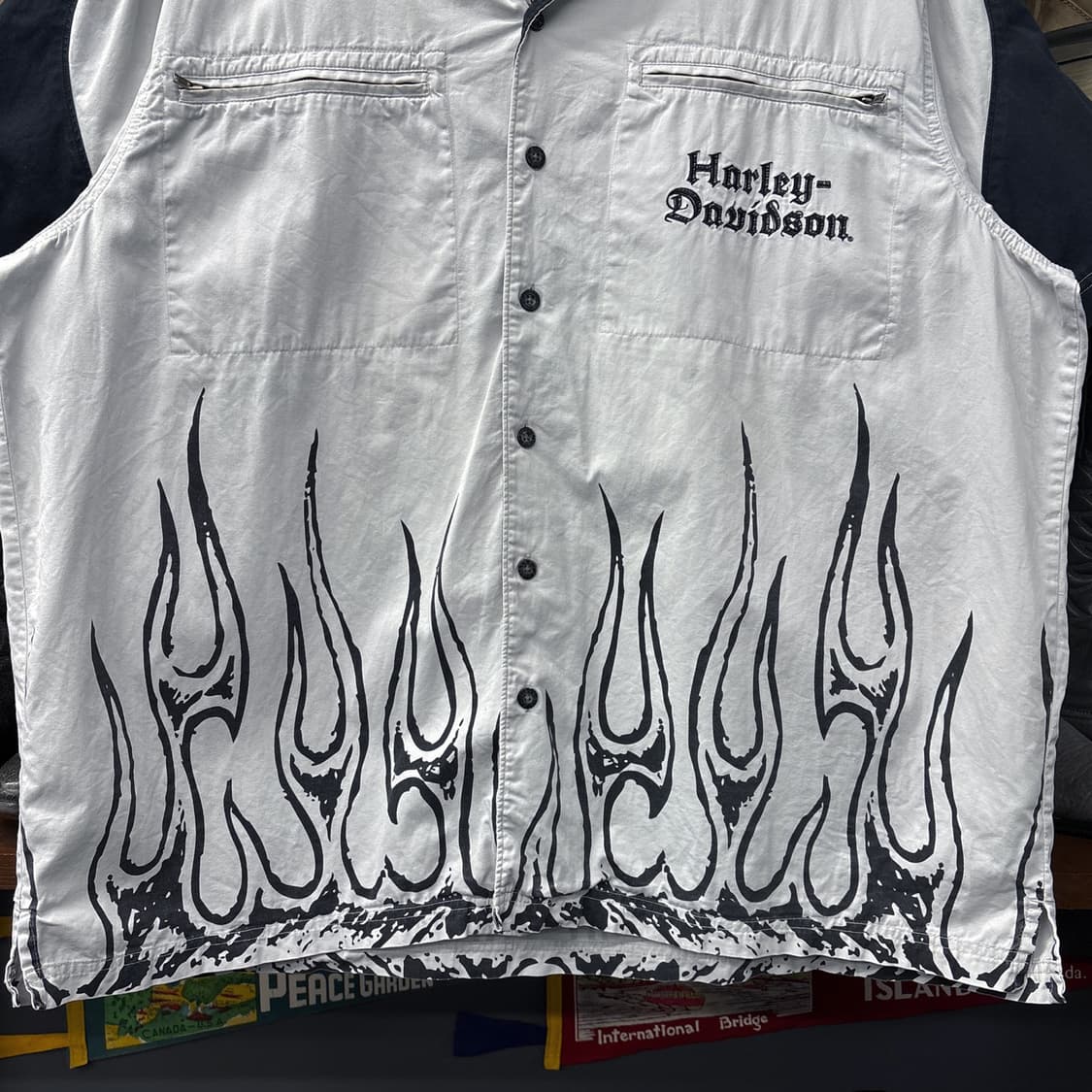 00s 할리데이비슨 빅 플레임 스컬 고딕 레터링 바이커 셔츠 N1187 상품이미지4