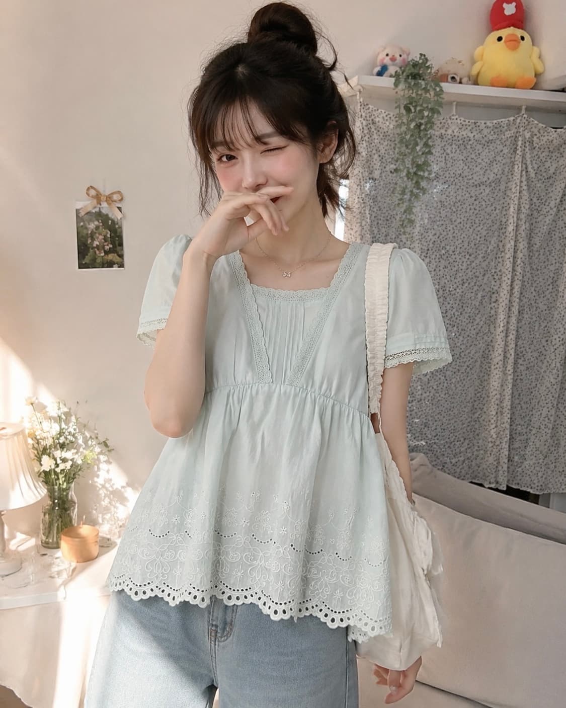 카메 대대장 민트 레이스 펀칭 반팔 블라우스 상품이미지9
