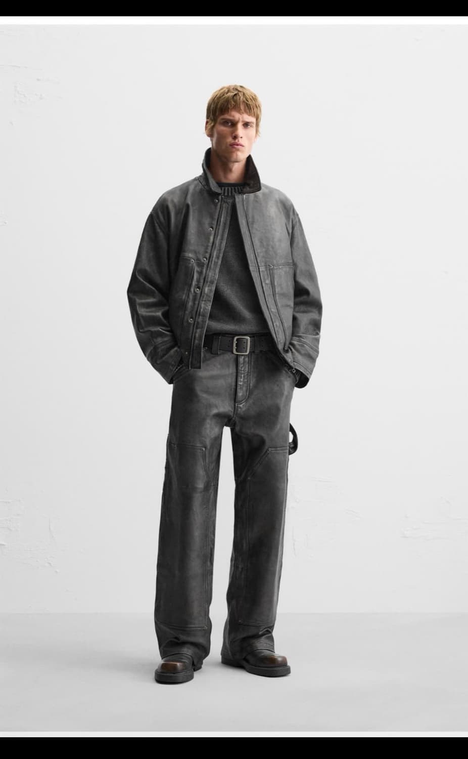 L&40사이즈 자라 워싱 이펙트 레더 자켓 팬츠 셋업 상품이미지1