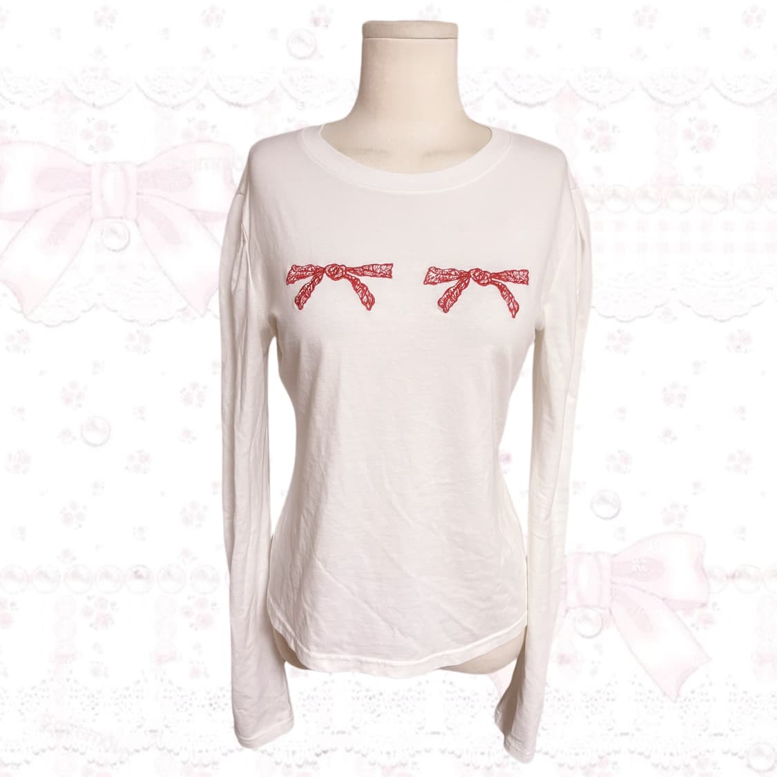 SINOON 시눈 레드 리본 포인트 퍼프 소매 화이트 롱 슬리브 티 상품이미지2