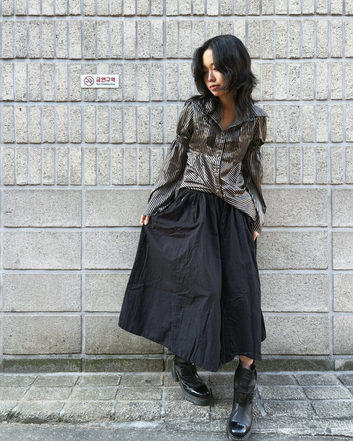 캐피탈 올 블랙 와이드 코튼 스커트 상품이미지3