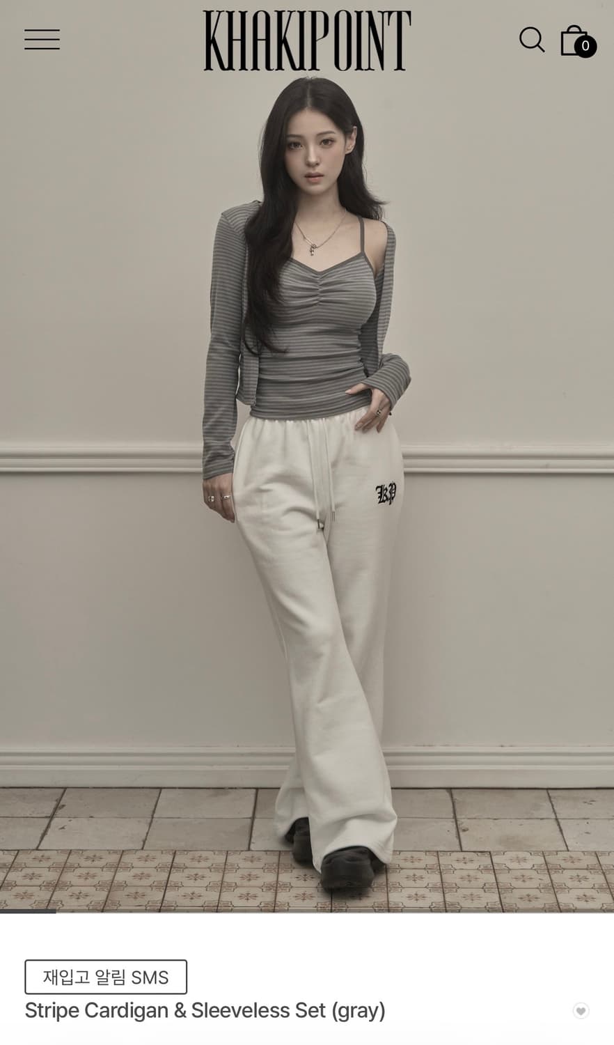 카키포인트 스트라이프 가디건 & 슬리브리스 세트 그레이 상품이미지1