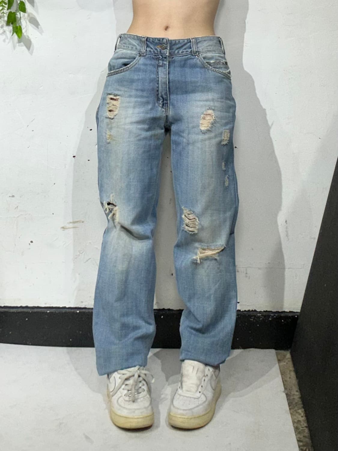 에비수 와이드 데미지 워싱 연청 데님 팬츠 자수 청바지 30 상품이미지3