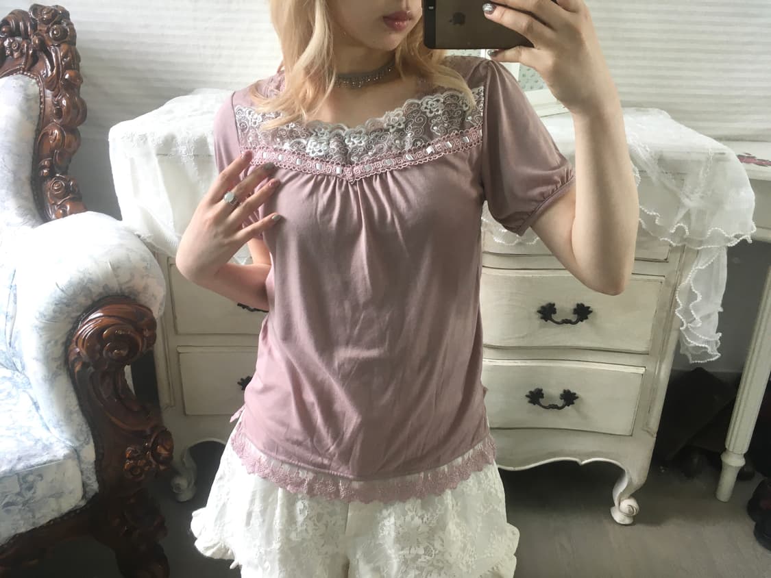 일본빈티지 히메 핑크 레이스 아일렛 퍼프 티셔츠 상품이미지2
