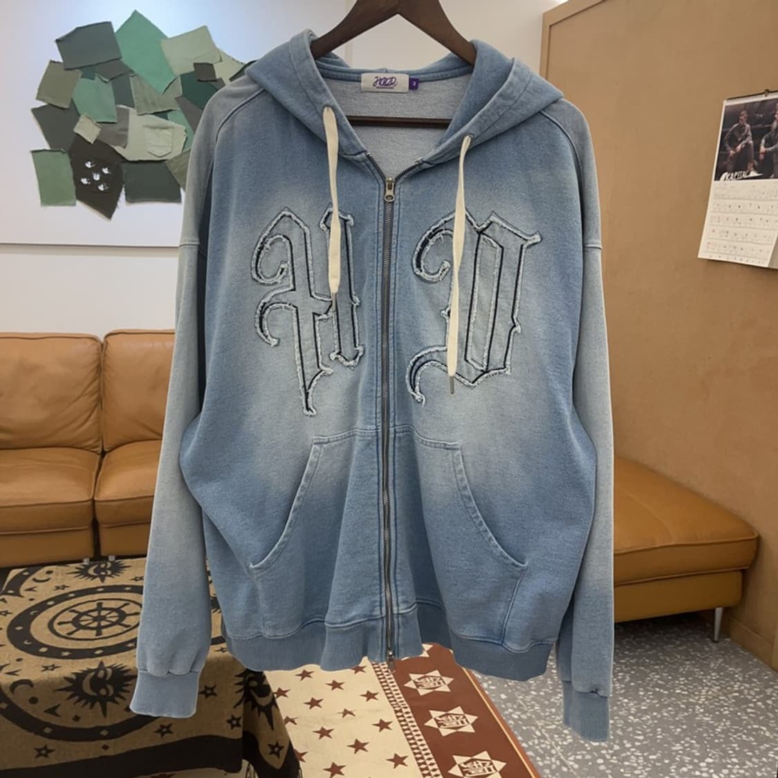 후드후드 아플리케 고딕 그런지 빈티지 워싱 후드집업 3 C08691 상품이미지3