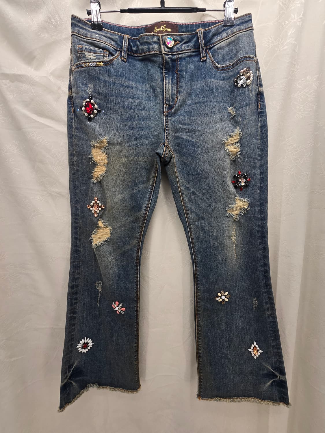 얼진 데미지 부츠컷 청바지 데님 큐빅 장식 상품이미지1