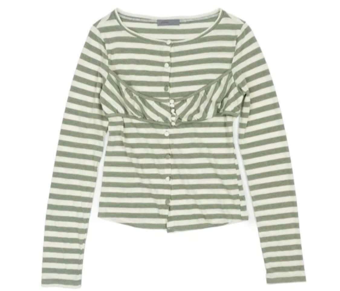 샵페어리 스트라이프 버튼가디건 카키 상품이미지2