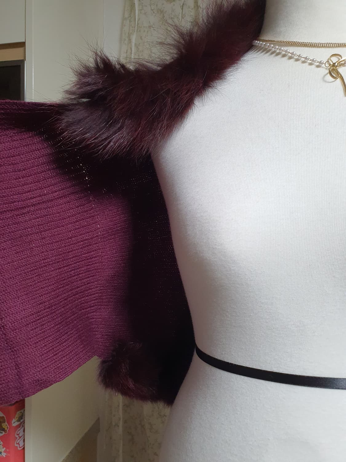 [빈티지] 퍼플 버건디 퍼 니트 숄 가디건 상품이미지2