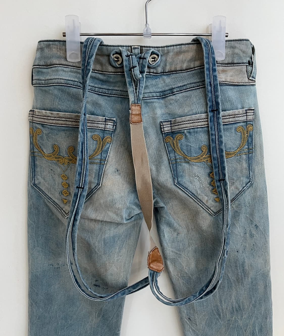디젤 양가죽 멜빵 벨트 웨스턴 스타일 자수 데님 워싱 진 팬츠 청바지 상품이미지1