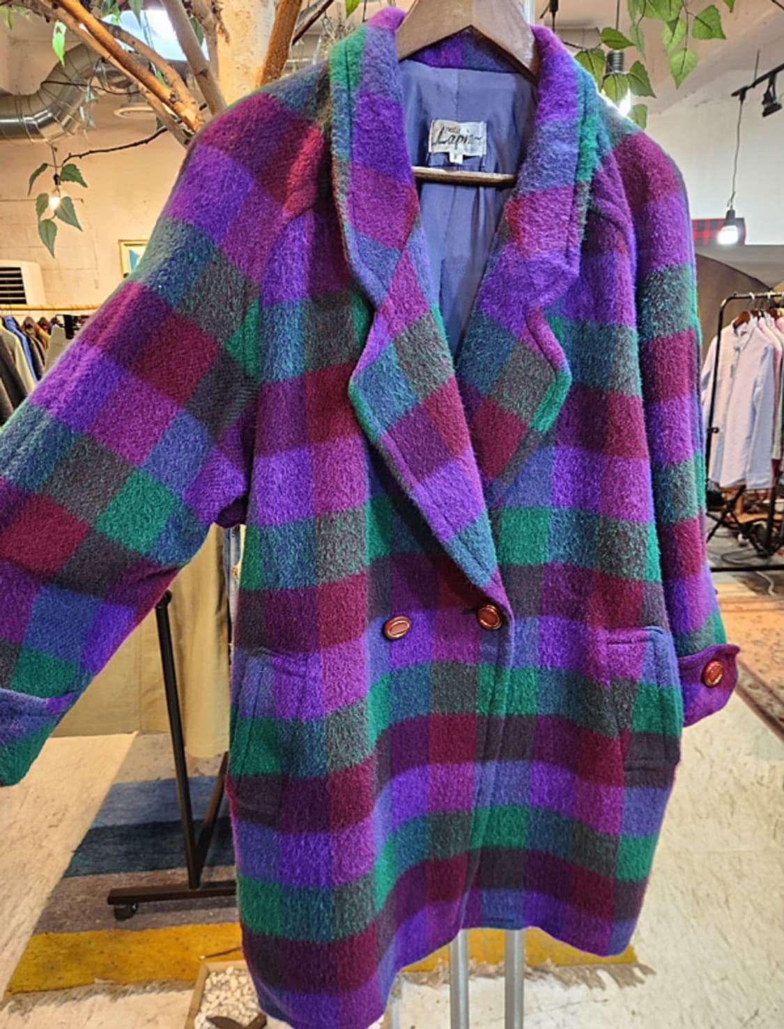 Lapin 미사용품 일본 빈티지 도톰한 모헤어 블렌드 체크 코트 상품이미지3