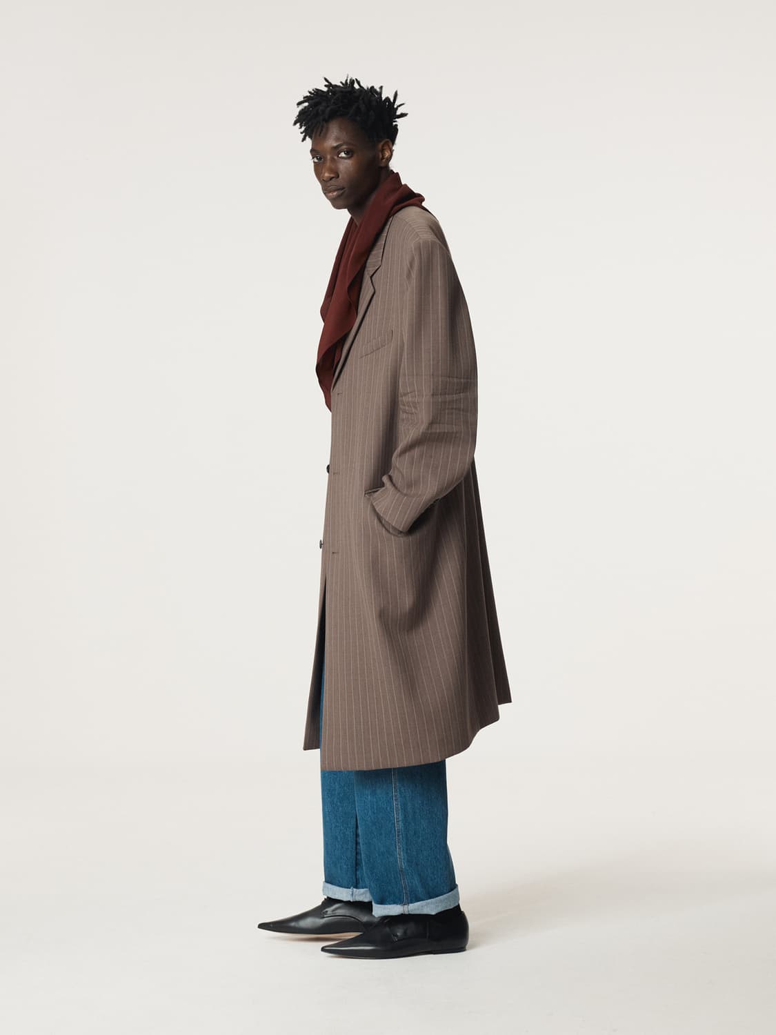 렉토 25FW 슬리브 크리즈 스트라이프 싱글 코트 세피아 상품이미지3