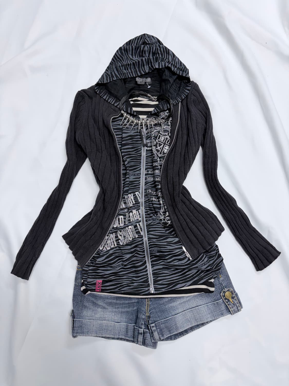 00s 갸루펑크 지브라 해골 & 십자가 글리터 4pcs 코디세트 상품이미지2