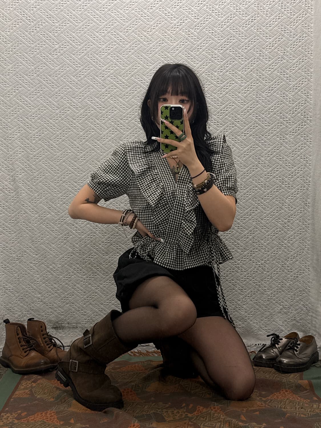 빈티지 러블리 더블리본 프릴 깅엄체크 반팔 블라우스 K0156 상품이미지2