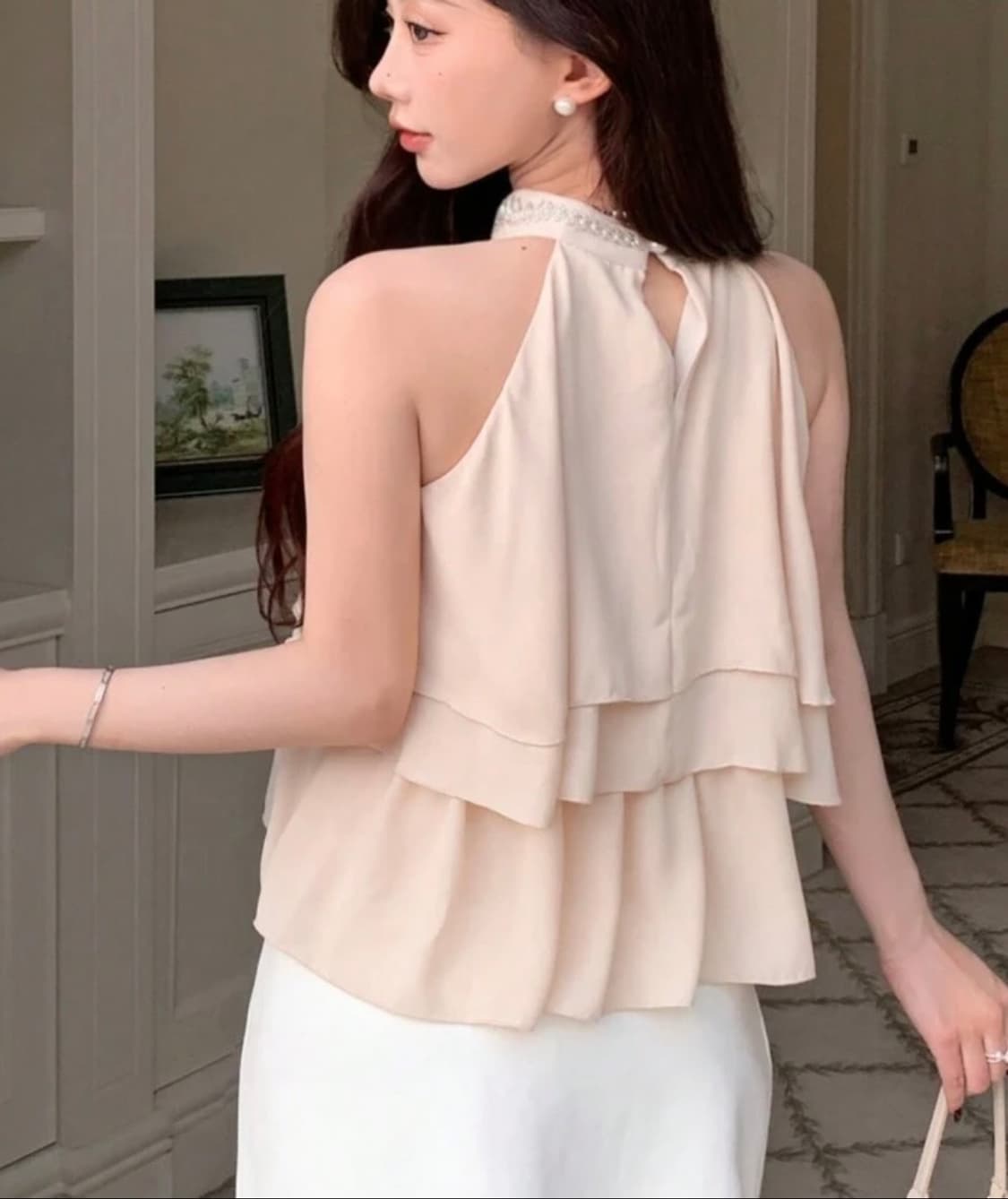 스나계 비쥬 홀터넥 프릴 오프숄더 블라우스 /오네갸루로걀걸리양산형 상품이미지3