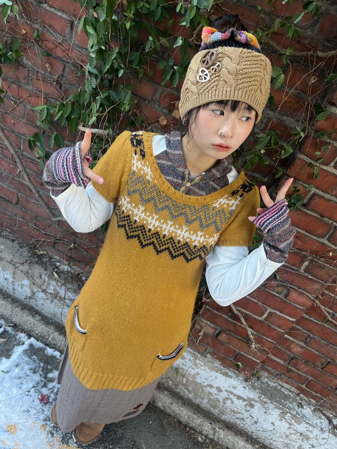 머스타드 니트 레이어드 원피스 상품이미지1