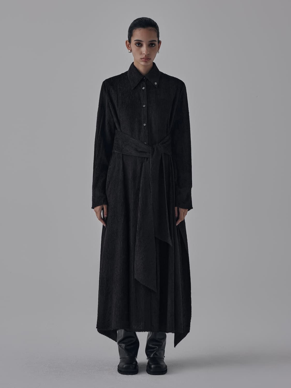 트리밍버드 스트라이프 스트랩 롱 셔츠 원피스 블랙 상품이미지4
