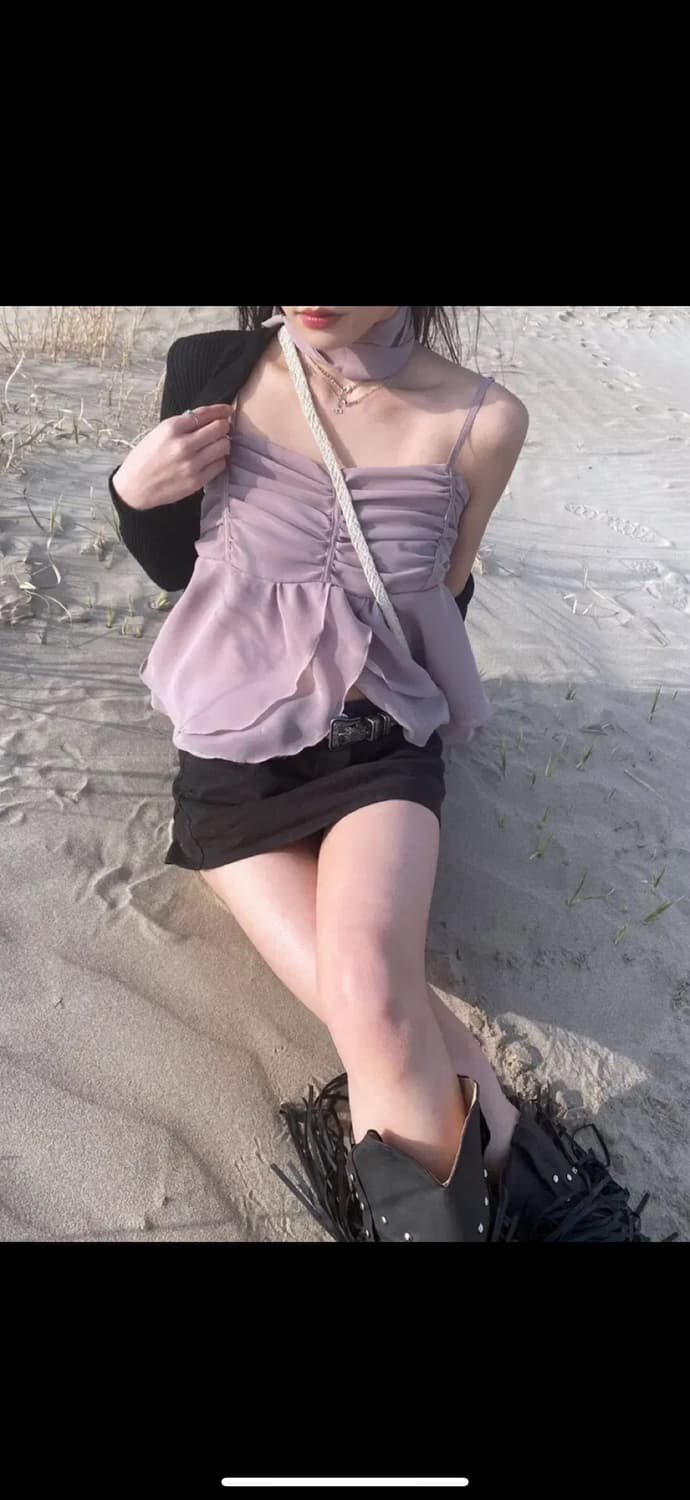 엔젤넘버555 로즈 슬리브리스 셔링 탑 M 상품이미지3