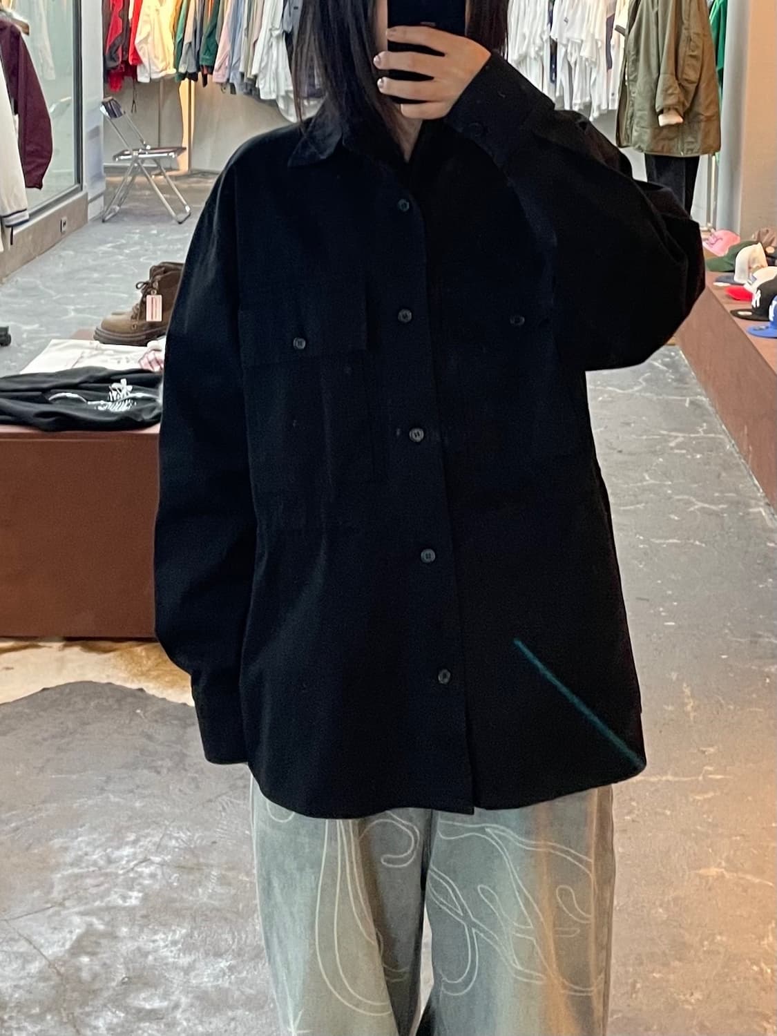 우드비 코튼 포켓 블랙 셔츠 H1718 상품이미지1