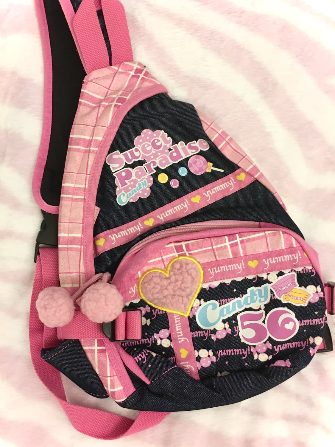 핑크 체크 캔디 데님 폼폼이 바디백 헤이세이 조지후쿠 갸루 상품이미지2