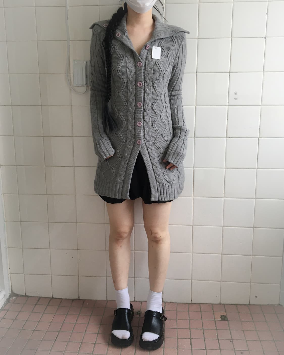 Cable pattern high neck long knit cardig 상품이미지1