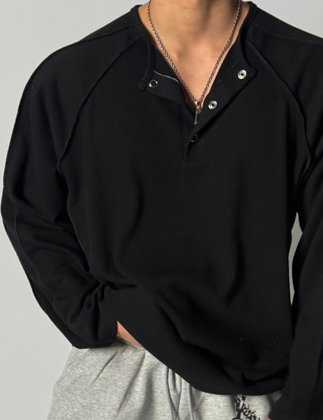 빅사이즈 골지 데끼 헨리넥 레글런 긴팔 티셔츠 상품이미지2