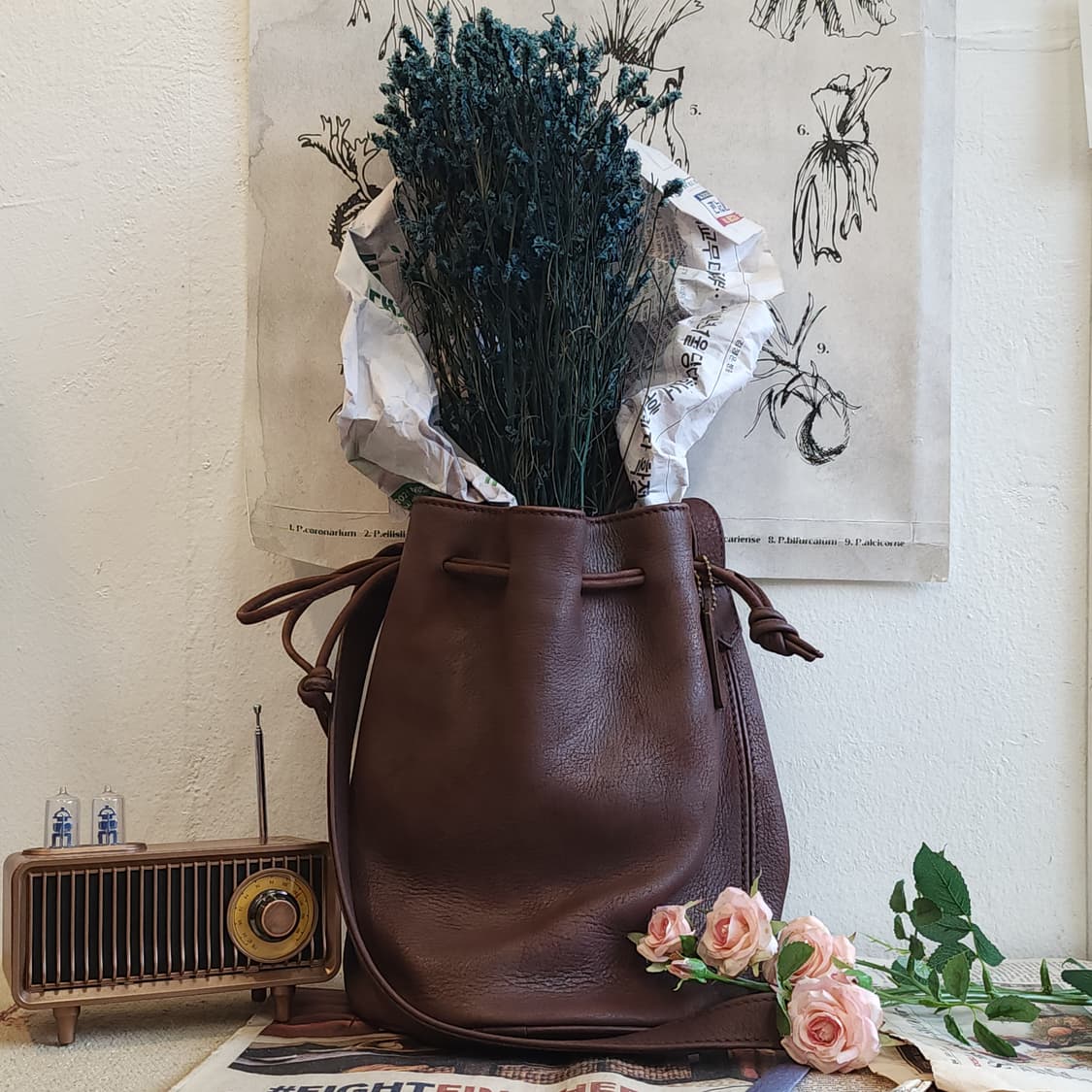 90s 올드코치 레더백 마리에타 드로스트링 숄더백 코치 복조리백 상품이미지1