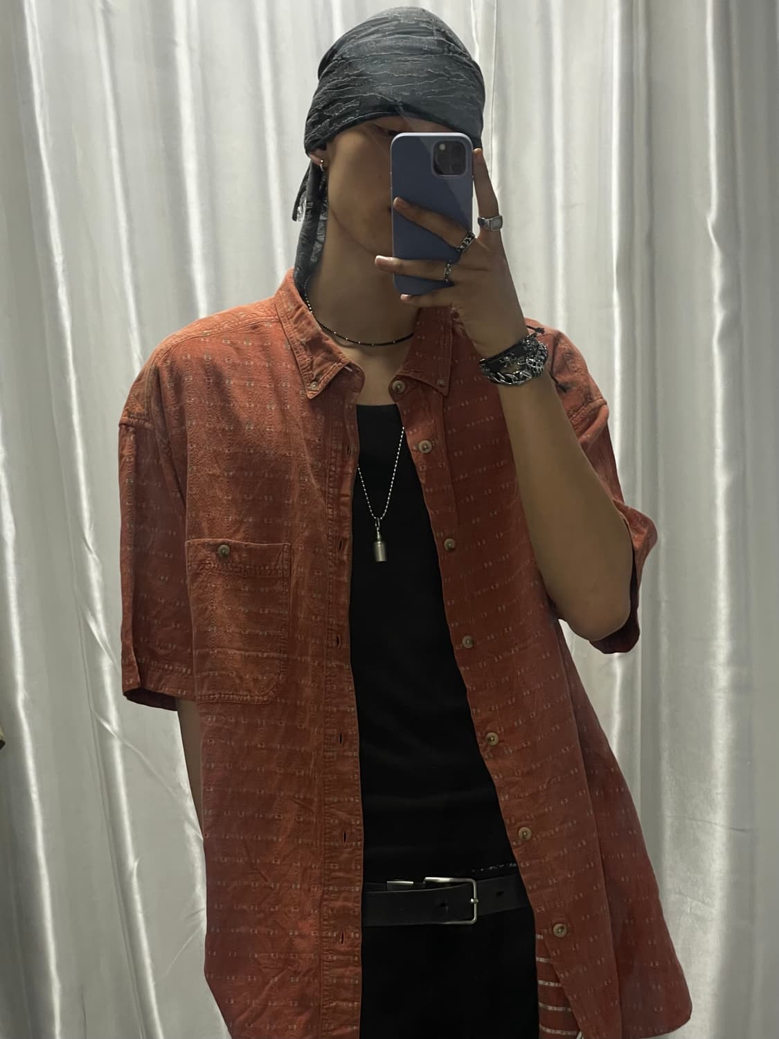 Burgundy cotton short-sleeved shirt 상품이미지1