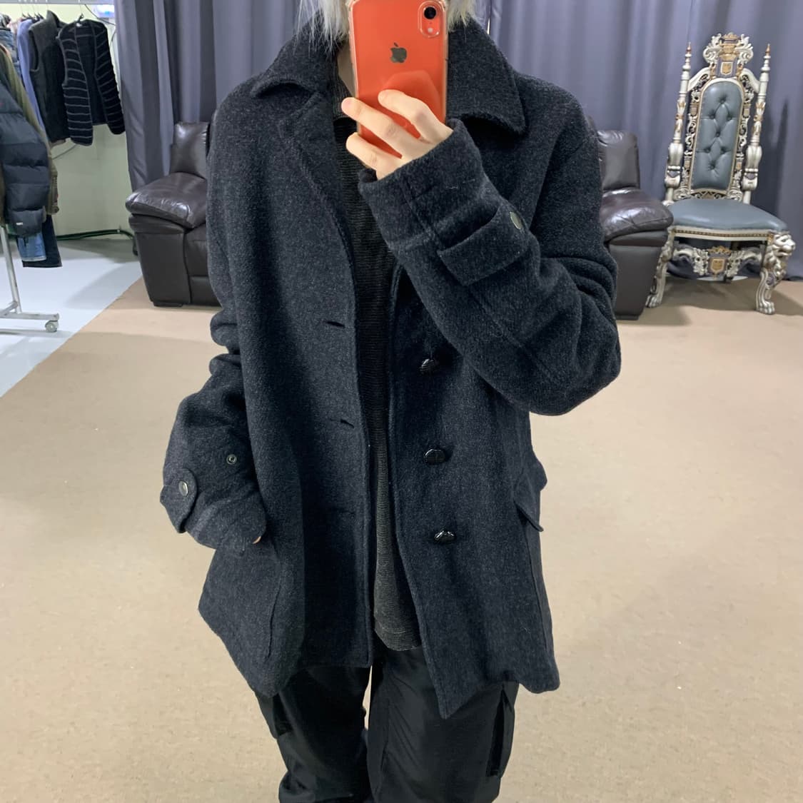 아비렉스 버튼 블레이저 카라 모직 숏코트 차콜 남성 L 여성 루즈핏 상품이미지3