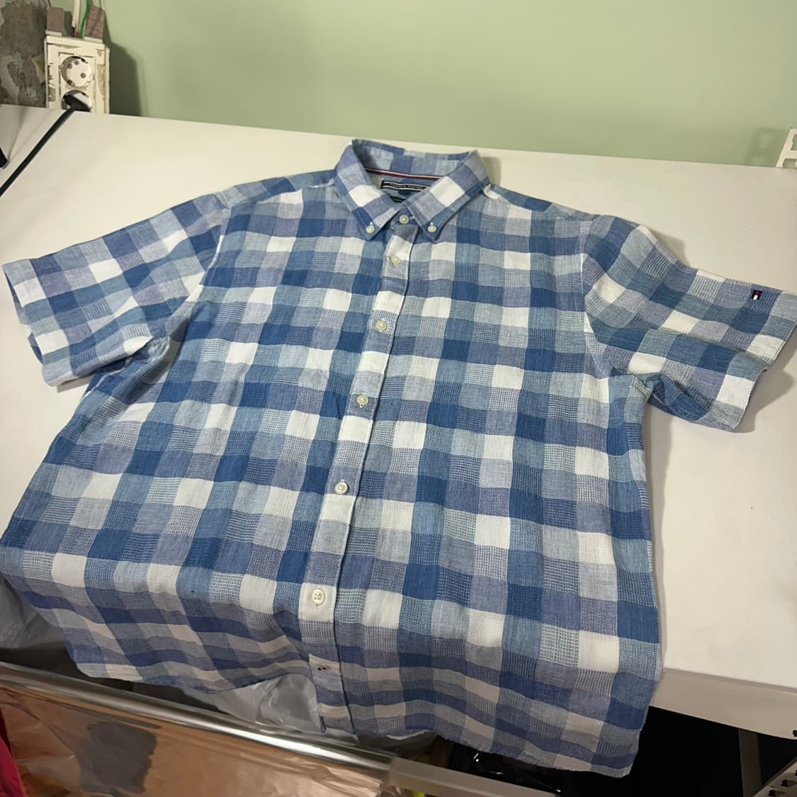 95 M-L 타미힐피거 윈도우체크 반팔린넨셔츠 상품이미지4