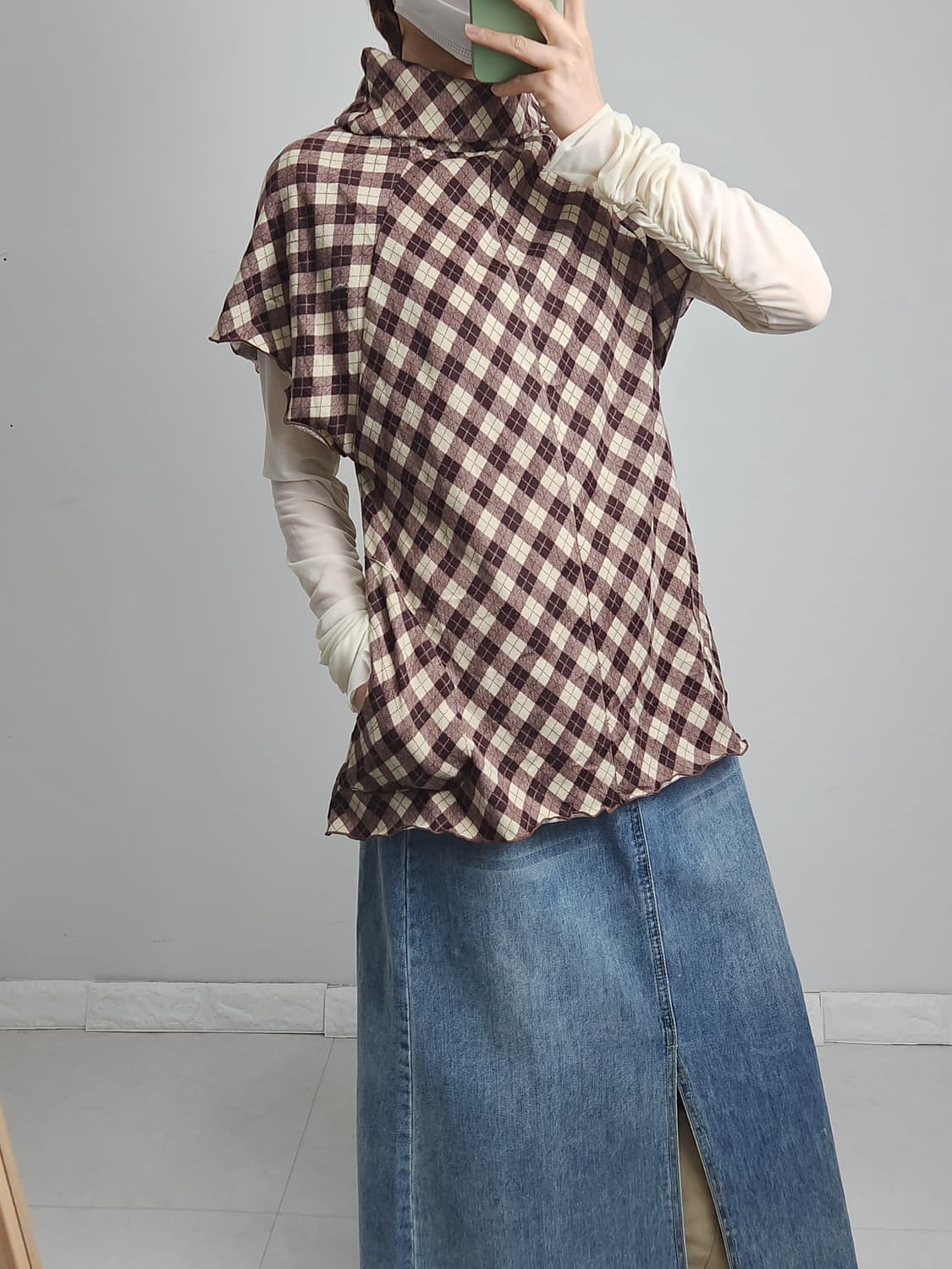 반소매 체크 탑 상품이미지2