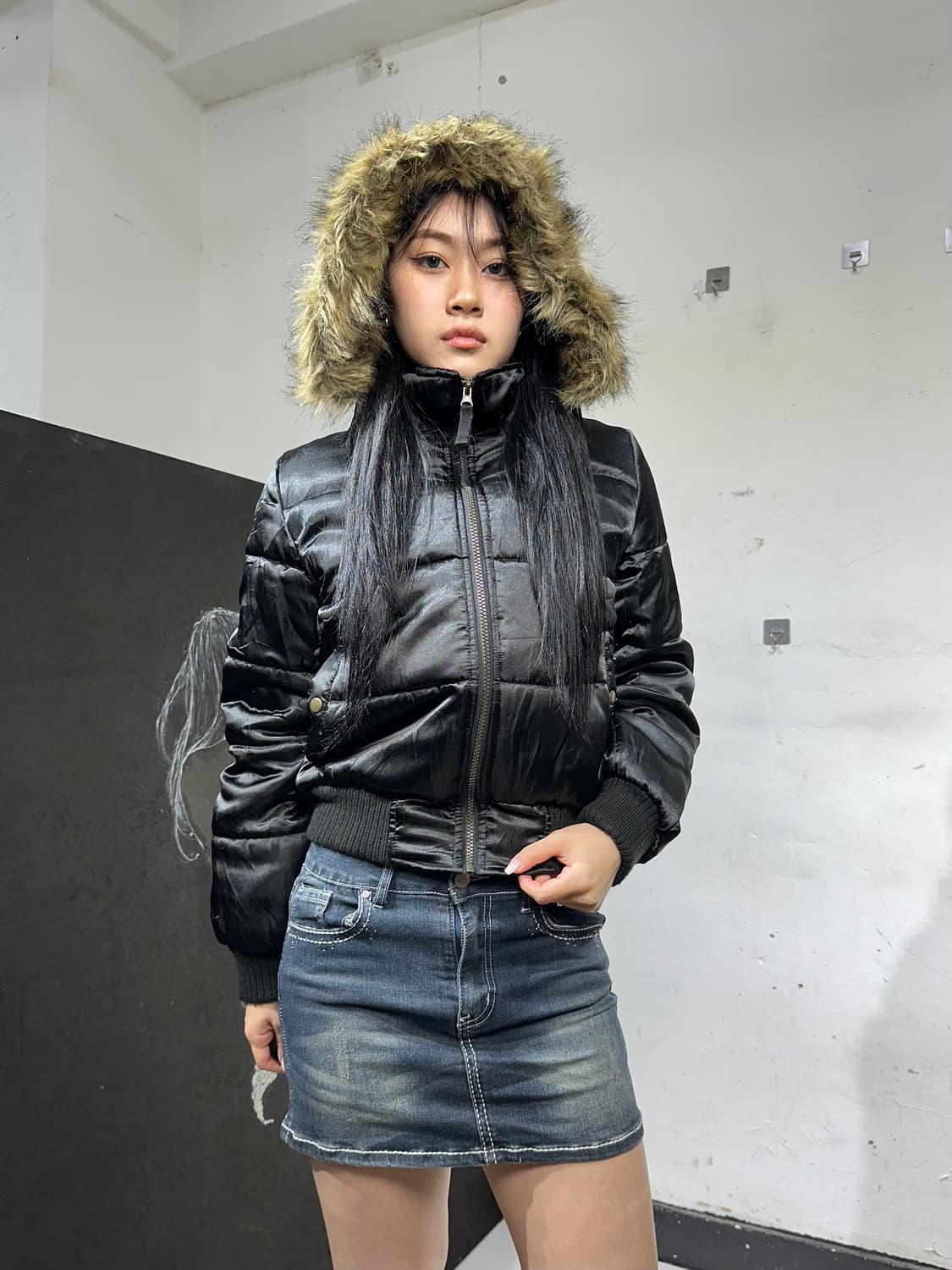 Jpn 일본빈티지 블랙 퍼 후드 패딩 상품이미지1