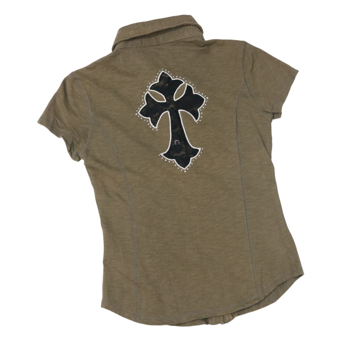 INCEDE 인세이드 빈티지 카키 십자수 스터드 반팔 셔츠 상품이미지1