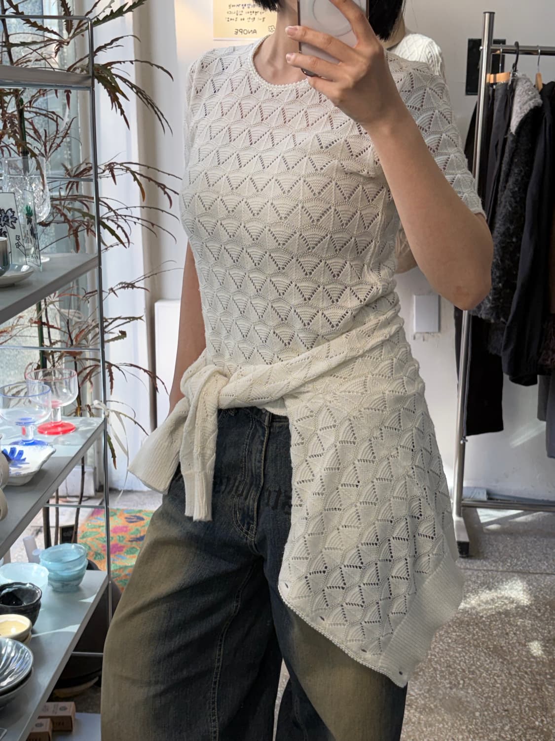 화이트 펀칭 레이스 반팔 가디건 세트 상품이미지1