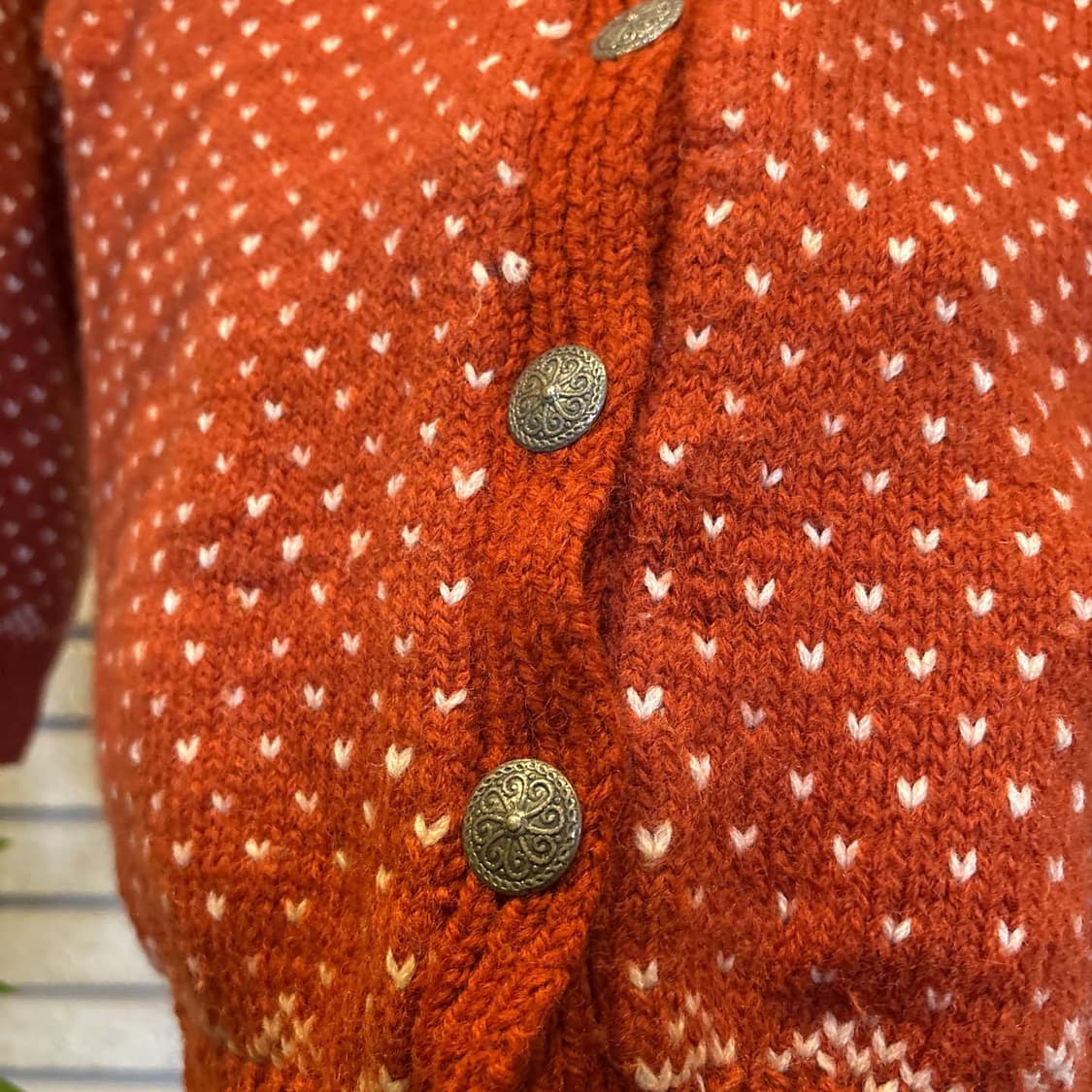 JPN VINTAGE 니트 가디건 노르딕 하트 패턴 디테일 브릭 오렌지 상품이미지6