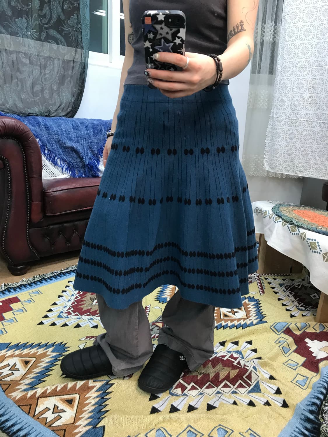 빈티지 여성 도트 스트라이프 밴딩 니트 미디스커트  상품이미지1