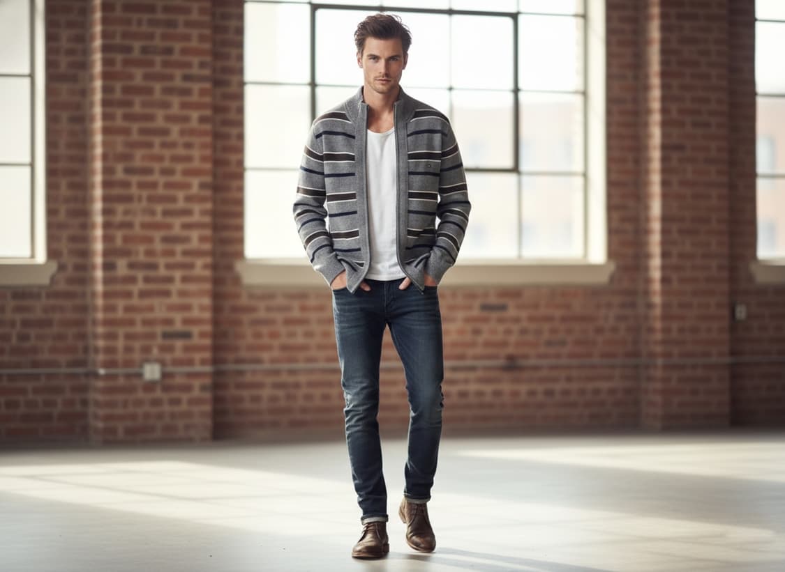 타미힐피거 남성 스트라이프 풀집업 울니트 가디건 (M) 상품이미지1