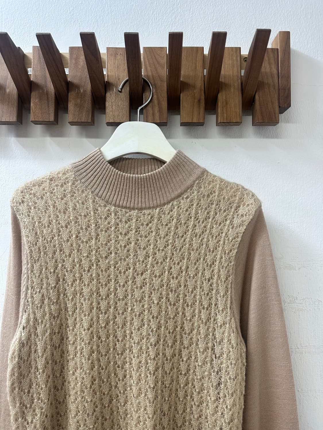 일본빈티지 베이지 크로셰 레이어드 울 믹스 니트 탑 상품이미지2