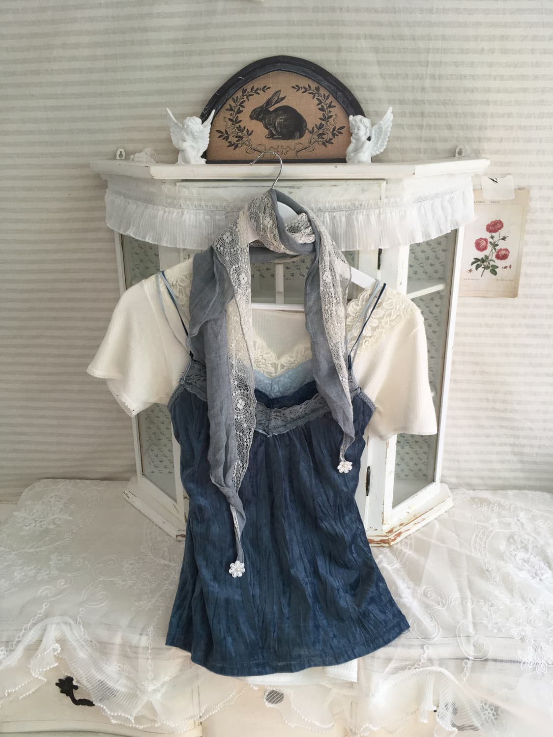 Set)블루 벨벳 레이스 나시 + 레이스 오프숄더 반팔+소라레이스머플러 상품이미지2