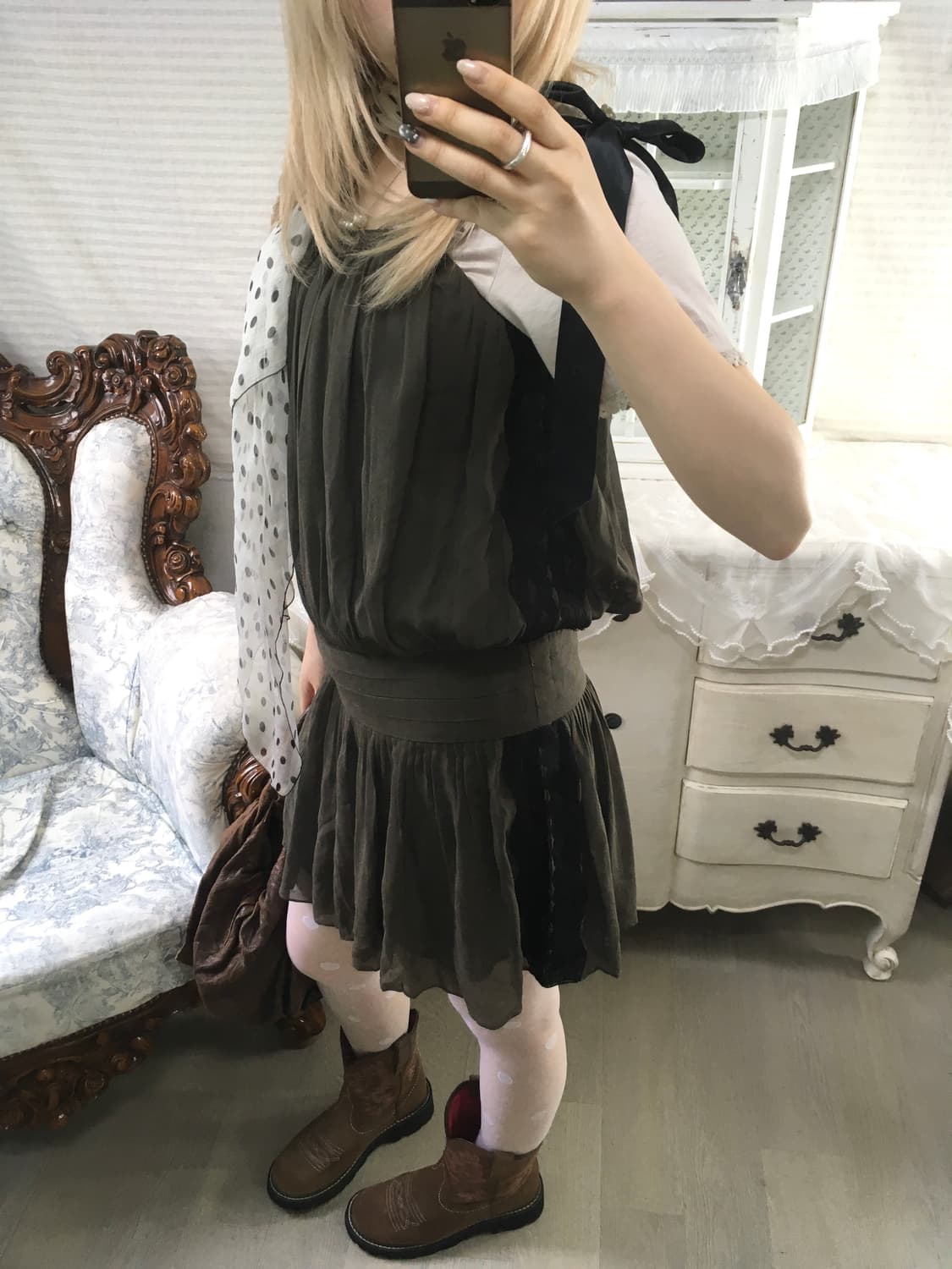 빈티지 아카이브 카키 레이스 리본 원피스 상품이미지6