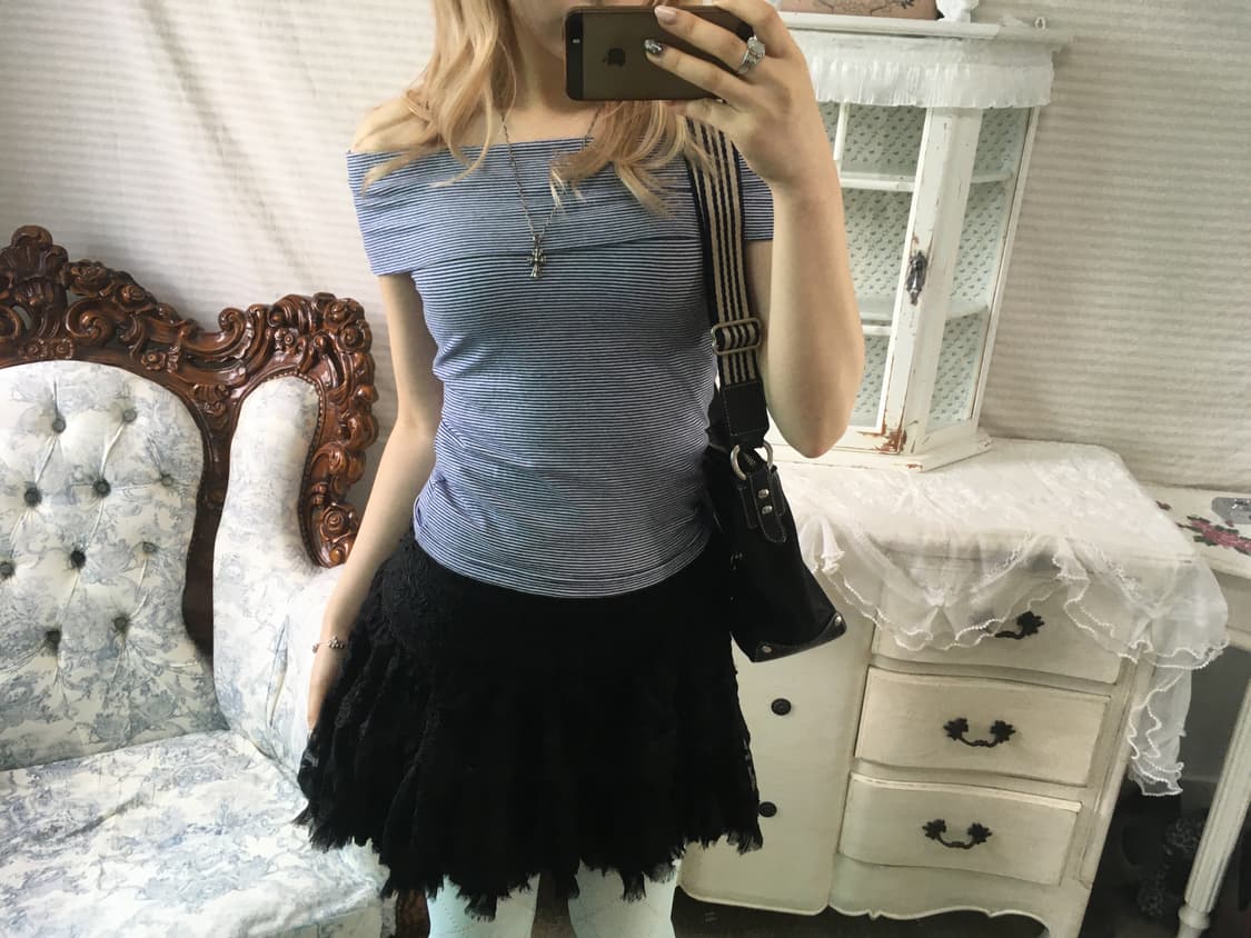 빈티지 스트라이프 오프숄더 딱붙 반팔 상품이미지4