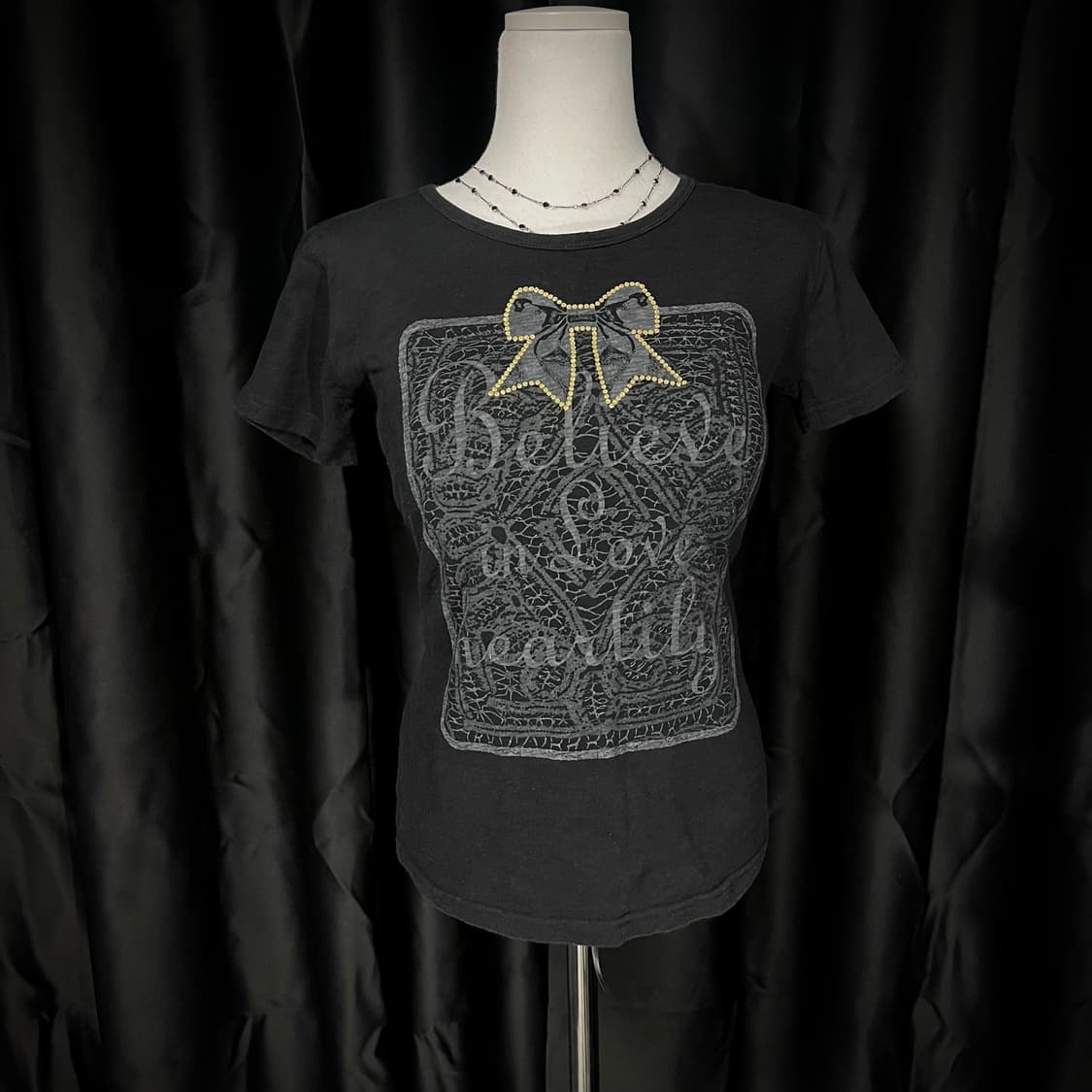 갸루 리본 반팔 탑 로걀탑 딱붙 상품이미지1