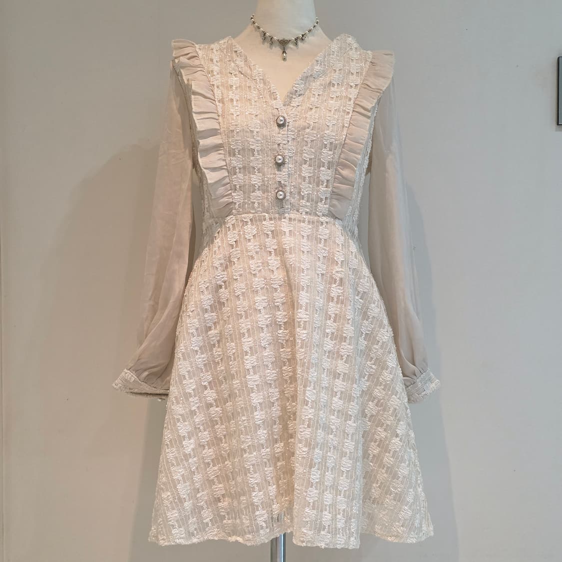 로판 화이트 트위드 쉬폰 로맨틱 진주 실크시스루st 원피스 상품이미지2