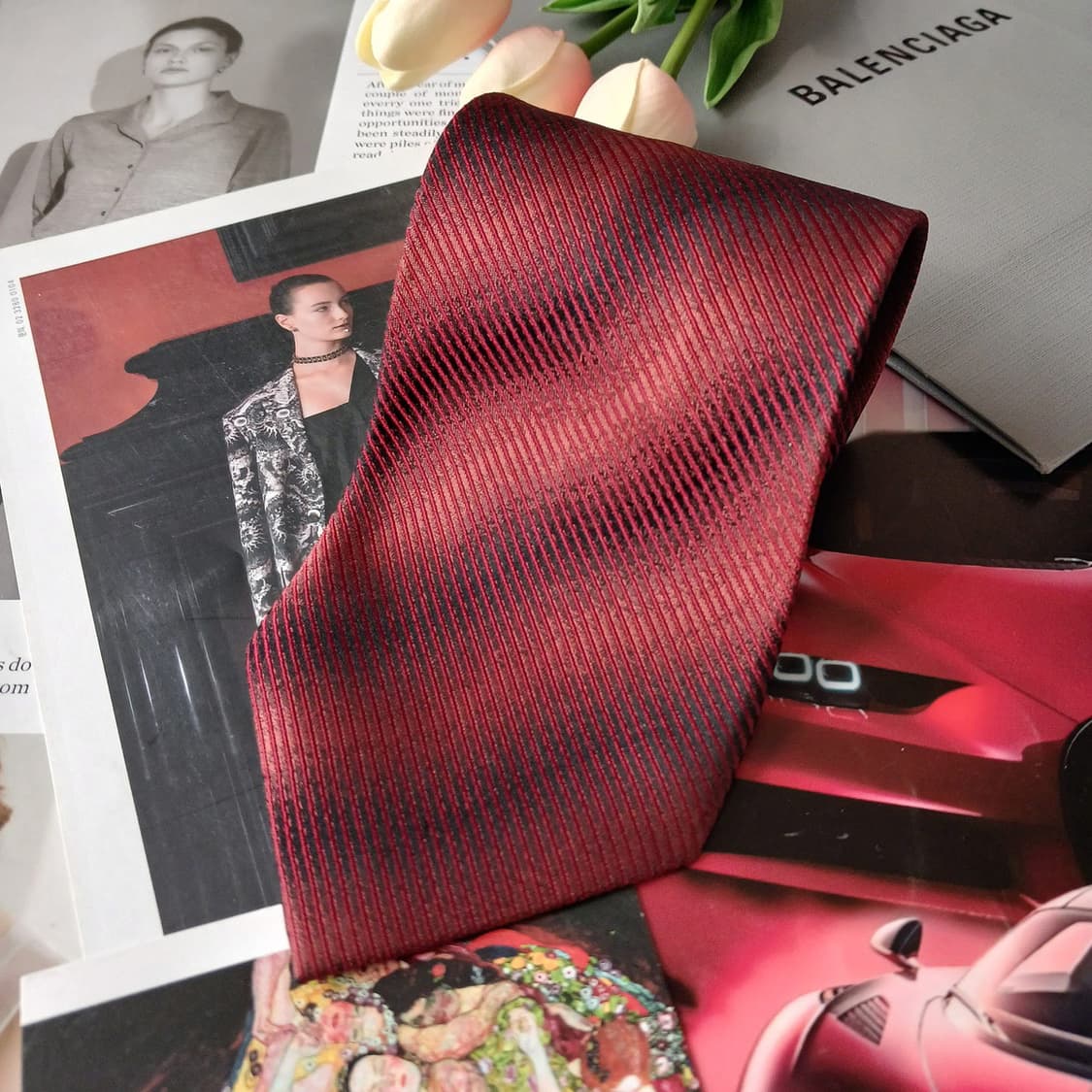 발렌시아가 실크 레드 텍스처 넥타이 9.5cm A+등급 A19786 상품이미지3