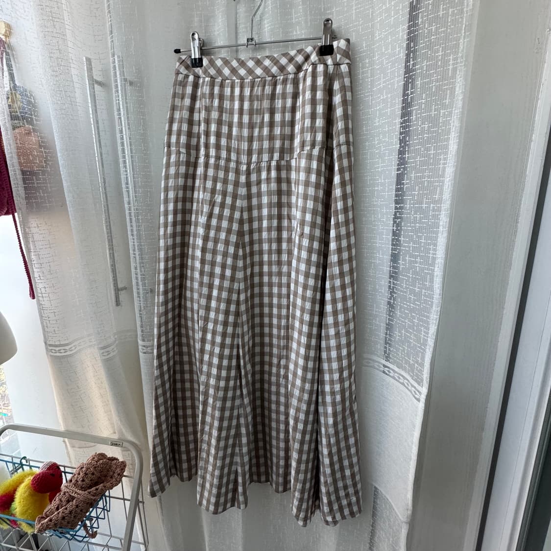 베이지 깅엄체크 롱스커트 프리사이즈 상품이미지1